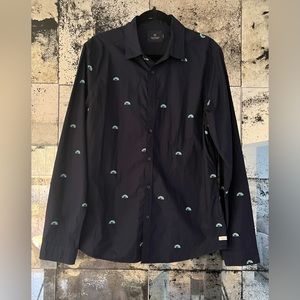 Scotch & Soda Mens Long Sleeve Graphic Prints Slim Fit Shirt Navy, Size: Large